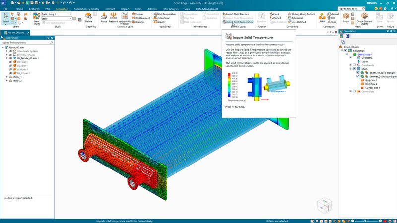 Die Ergebnisse der Festkörpertemperatur aus einer Simcenter-FLOEFD-for-Solid-Edge-Studie direkt in Solid Edge Simulation: Der neue Befehl „Volumenkörpertemperatur importieren“ innerhalb der Option „Externe Lasten“ von Solid Edge Simulation wird nun zusätzlich zu bisherigen Befehlen unterstützt. (Bild: Siemens)