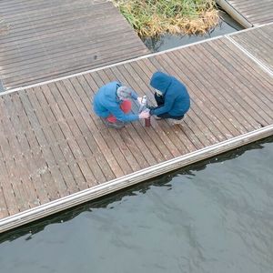 Am Steg des Olympiastützpunkts der Ruderer südlich von Rostock entnehmen Prof. Jens Tränckner und seine wissenschaftliche Mitarbeiterin Alena Seidenfaden von der Universität Rostock Wasserproben aus der Warnow.(Bild:  EU 4 Regions)