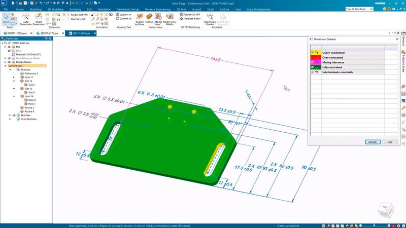 Mit der neuen automatischen Bemaßungsprüfung lässt sich der Zwangsbedingungsstatus von Features und Teilen schnell und einfach identifizieren und so die Erstellungsgeschwindigkeit erhöhen. Das Modell wird automatisch farbcodiert, um den Zwangsbedingungsstatus anzuzeigen.  (Bild: Siemens Digital Industries Software)