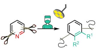Die Skelett-Editierung von Pyridinen ist eine nützliche Technik in der organischen Synthese und für die Arzneimittelentwicklung vielversprechend. Der Prozess ähnelt einer Operation an einem Molekül, bei der ein Fragment chirurgisch entfernt und ein anderes geschickt angefügt wird. (Bild: Uni Münster/ AK Studer)