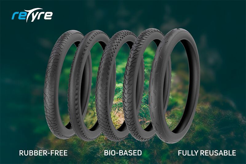 Retyre stellt einen Luftreifen ohne Gummi vor: Die Reifen (inkl. Karkasse und Wulst) bestehen aus biobasierten Materialien und sind zu 100 % wiederverwendbar. Eine neuartige Produktionstechnologie ermöglicht die Herstellung vor Ort, was zu einer drastischen Senkung der Transportemissionen und zur Förderung einer geschlossenen Kreislaufwirtschaft führe. (Bild: Retyre)
