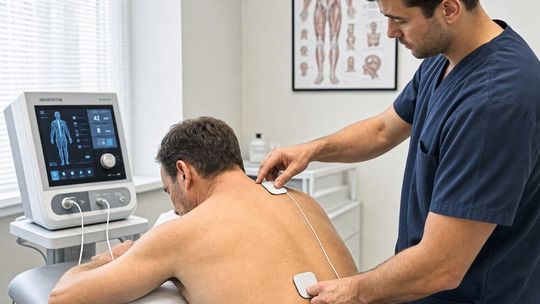 Bei der nicht-invasiven Rückenmarksstimulation werden Elektroden auf der Haut platziert, um Nervenbahnen zu aktivieren und motorische Funktionen zu unterstützen.(Bild:  GPT Image Editor / KI-generiert)