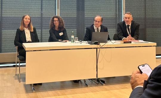 Die Herausgeber (v. l.) Ellen Thom, Fabiola Hartung-Linz, Cosimo Franco und Andreas Krämer bei der Buchvorstellung auf der Medica.(Bild:  Engelke – VCG)