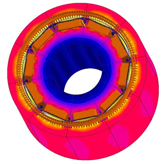 The image shows a thermal analysis of a rotating electrical machine with a color-coded contour diagram illustrating the heat distribution across the machine's components.(Image: Altair)