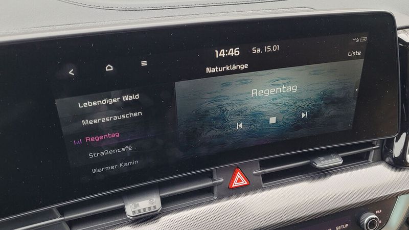 5. Die „Naturklänge“: Winter in Deutschland bedeutet heutzutage vor allem: viel Regen. Es soll ja Leute geben, die das mögen. Wenn es aber partout nicht regnen will, wenn man gerade seine Wochenendspritztour macht, kann man sich das Regenwetter im Sportage auch ins Auto holen. Meeresrauschen oder Kaminknistern gibt es aber auch. (Wehner/Vogel Communications Group)