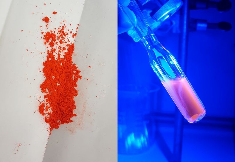 Kostengünstiger Molybdänkomplex  Für eine nachhaltigere Photochemie haben Forscher der Johannes-Gutenberg-Universität Mainz (JGU), der Rheinland-Pfälzischen Technischen Universität Kaiserslautern-Landau (RPTU) und des Max-Planck-Instituts für Polymerforschung (MPI-P) eine neue Verbindung hergestellt. Sie entwickelten eine einfache Synthesemethode und nutzen als zentralen Bestandteil ein kostengünstiges, reichlich vorhandenes Metall, nämlich Molybdän. Das erzeugte Molekül eignet sich laut ersten Tests der Wissenschaftler für die Umwandlung von nieder- zu hochenergetischem Licht und den Einsatz als Photokatalysator für chemische Reaktionen – zwei Prozesse, die in Zukunft dazu beitragen können, dass wir unsere Energie besser nutzen. Der Molybdänkomplex ist ein roter Feststoff (l.). In Lösung zeigt er unter Bestrahlung mit blauem Licht eine rote Lumineszenz (r.). Hier gehts zur Originalmeldung Wissenschaftsbild des Tages vom 7.9.2023 (Winald Kitzmann)