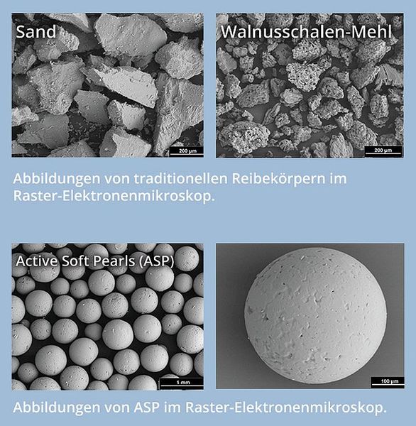 In der mikroskopischen Darstellung kann man die Unterschiede zwischen scharfkantigen Reibkörpern und den „Active Soft Pearls“ deutlich erkennen. (Foto: PGP)