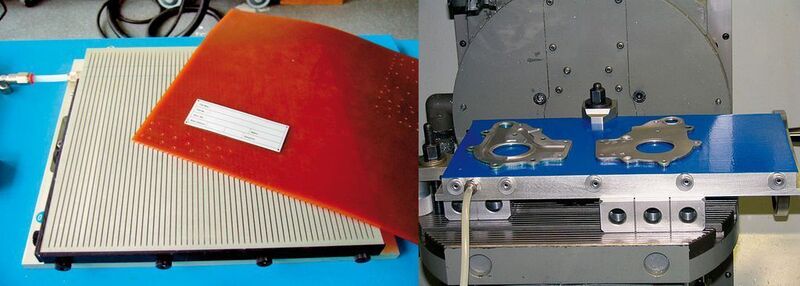 Bild 5: Schlitzvakuumplatten mit Gummi-Adaptermatte (links) und aufgespannten Werkstücken (rechts).  Bild: Witte (Archiv: Vogel Business Media)