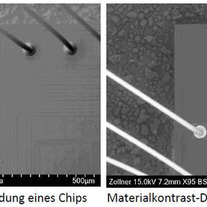 Bild 2: Darstellung eines ICs mit Topographiekontrast- und Materialkontrast-Aufnahme 