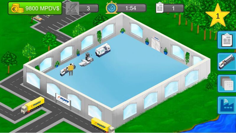 Der Spieler startet mit einer leeren Fabrikhalle und muss zunächst in Maschinen und neue Mitarbeiter investieren.