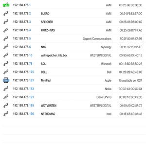 Abbildung 1: Fing zeigt alle aktuellen Geräte im Netzwerk des iPad an. Auch die Ports der Geräte lassen sich an dieser Stelle scannen.