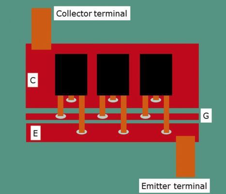 Bild 15: Drei parallel geschaltete Transistoren mit Gate-, Kollektor- und Emitterverbindungen auf der Leiterplatte. (Bild: Infineon)