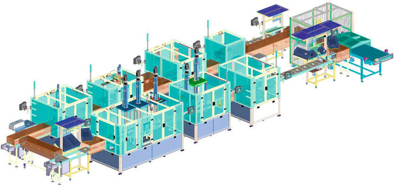 3D-Modell der kompletten Montageanlage für Wasserpumpen. (MP GmbH Montage- und Prüfsysteme)