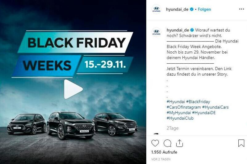 Hyundai wirbt bei den Black Friday Weeks – vom 15. bis 29. November – mit bis zu 6.000 Euro Rabatt auf Neuwagen. (Screenshot Hyundai Deutschland Instagram)