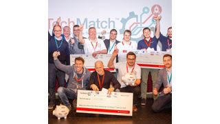 Erschöpft aber froh nach einem fast fünfstündigen Präsentationsmarathon: Die drei Erstplatzierten des TI TechMatch 2019 zusammen mit der Jury und den Organisatoren von TI.  (Texas Instruments / Jan Gallas)