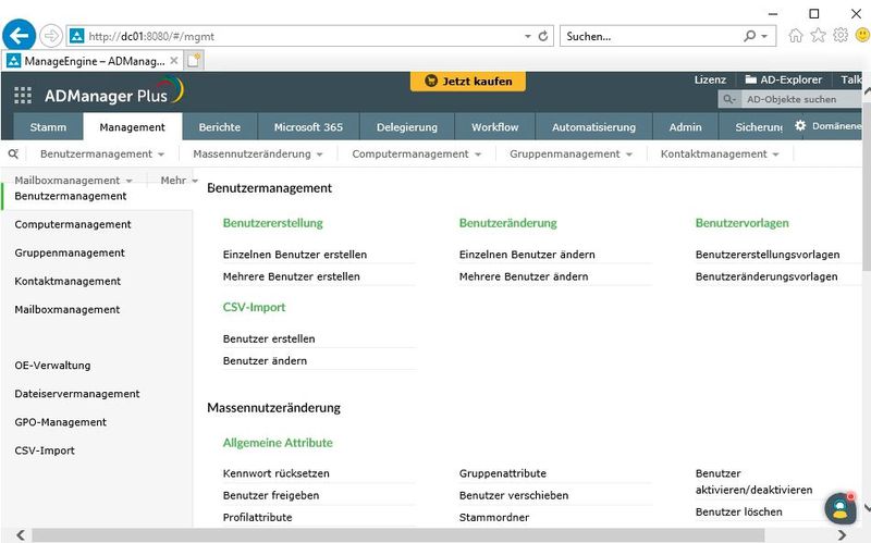 ManageEngine ADManager Plus bietet verschiedene Verwaltungsaufgaben für Benutzerkonten. (Bild: Joos / ManageEngine / Zoho Corporation)