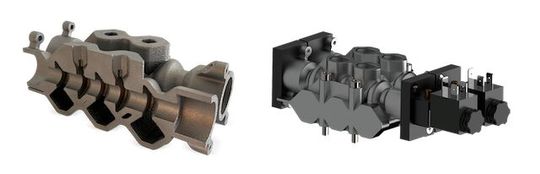 Schnittteil und Montage eines optimierten und integrierten pneumatischen Doppelventils mit Verteiler. Es wurde gedruckt mit dem DMP Flex 350 Dual von 3D Systems aus dem Werkstoff Laserform AlSi10Mg (A). Im Vergleich zur üblichen Fertigung konnte seine Masse um 42 Prozent reduziert werden. Außerdem wurden 15 Teile eingespart.(Bild:  3D Systems)