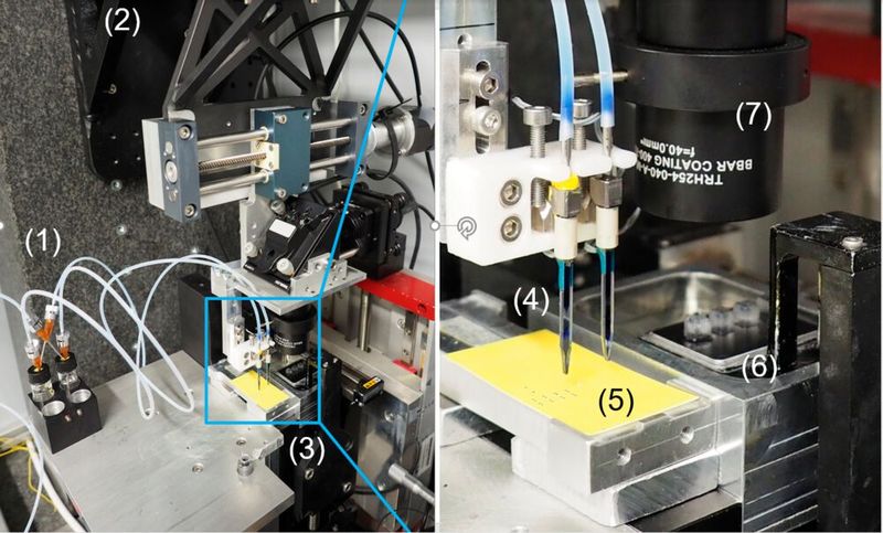 Abbildung 1: Das Bild zeigt die Mikrostereolithographie-Anlage mit (1) Fluidik für Inkjet-Druckköpfe, (2) xy-Achsen, (3) z-Achse, (4) Inkjet-Druckköpfe, (5) Dosiertest (Gelbpapier), (6) Materialwanne und Bauplattform mit würfelförmigen Prototypen und (7) Laserdiode. (Bild: Universität Rostock)