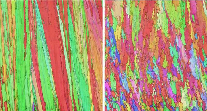 Das internationale Forschungsprojekt zeigte, dass sich Gefüge- und Kornstrukturen während des laserbasierten Auftragschweißens gezielt und lokal einstellen lassen: Die Orientierungskarten der Elektronenrückstreubeugung (EBSD) zeigen die Unterschiede ohne (l.) und mit (r.) pulslaser-induzierte Schmelzbadanregung. (Bild: Fraunhofer IWS)