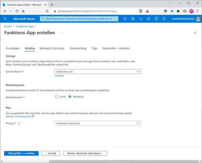 Der Hosting-Plan für die Function App benötig benötigt ein verknüpftes Speicherkonto.