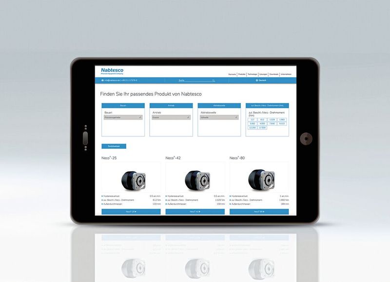 Die Getriebeauswahl und -auslegung sind bei Nabtesco mittels intuitivem Produktkonfigurator schnell erledigt. (Bild: Nabtesco)