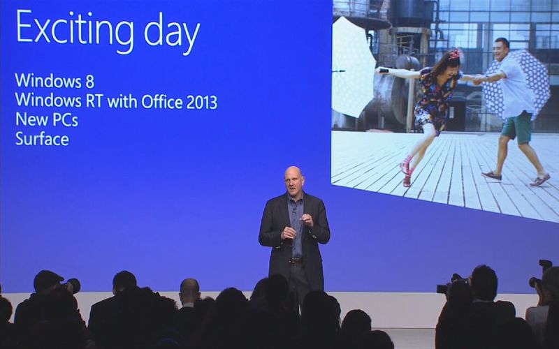„Ein aufregender, aufregender Tag“: Steve Ballmer beim weltweiten Launch von Windows 8, dem wichtigsten Produkt für Microsoft seit 17 Jahren. (Bild: Microsoft)