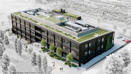 So soll der Laborverbundneubau einmal aussehen. Die Fertigstellung ist 2029 geplant.(Bild:  AWB Architekten Dresden)