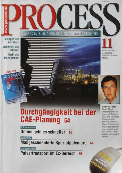 November 2001   Top Themen:  - Durchgängigkeit bei der CAE-Planung - Online geht es schneller - Maßgeschneiderte Spezialpolymere - Pulvertransport im Ex-Bereich (Bild: PROCESS)
