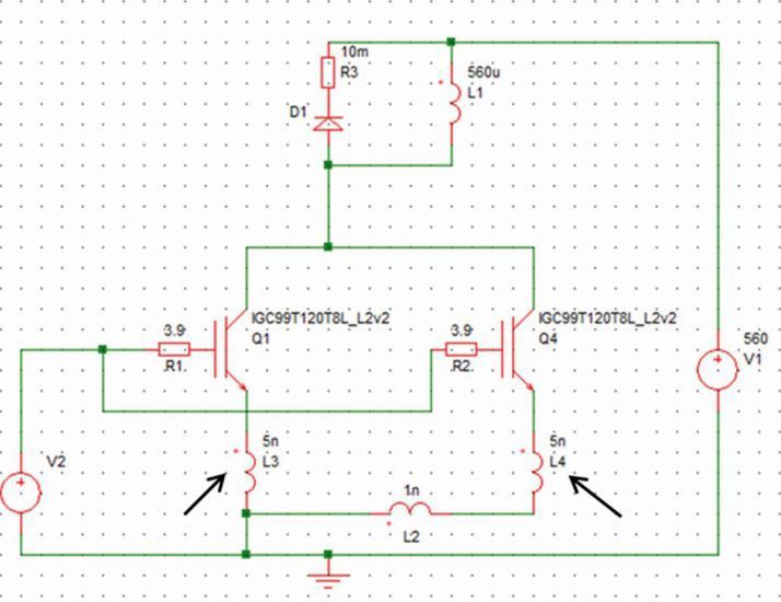 Bild 19: Schaltung wie in Bild 16 aber mit Emitterinduktivität L3, L4 (LE2) an jedem IGBT – siehe auch Bild 16. (Bild: Infineon)
