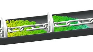 Unterschiedliche Partikelformen in einem Stauscheibenförderer (Bild: Becker 3D)