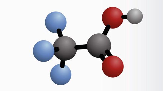 TFA ist das kleinste Molekül der PFAS-Gruppe. (schwarz: Kohlenstoff, rot: Sauerstoff, weiss: Wasserstoff, blau: Fluor)(Bild: ©  bacsica - stock.adobe.com)