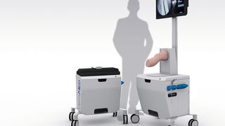 Arthros ist ein höhenverstellbarer Caddy, in dem das gesamte Equipment inklusive Simulationssoftware, Bildschirm, original Operationswerkzeuge und Gummiknie untergebracht ist.  (Bild: Visualisierung Erdmann Design)