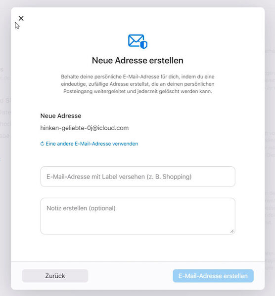 Erstellen einer neuen anonymen E-Mail-Adresse für die Apple-ID. (Joos)