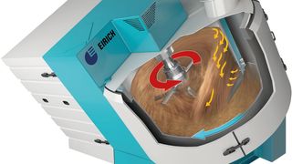 Das Eirich-Mischprinzip: Ein rotierender und geneigter Mischbehälter mit exzentrisch angeordnetem Mischwerkzeug sorgt für exzellente Ergebnisse für verschiedene Aufgaben in der Materialaufbereitung – hier bei der Pelletierung von Kohlenstaub. (Bild: Eirich)