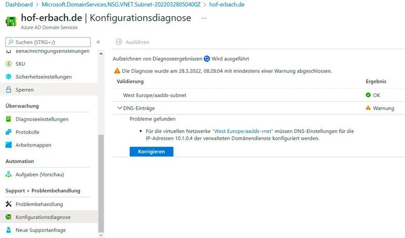 Durchführen einer Diagnose für eine neue Gesamtstruktur in Azure AD Domain Services. (Bild: Joos / Microsoft)