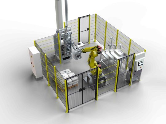 Amicus Smart Cell: Palettier- und Depalettierroboter führt automatisch leere Säcke einem Sackaufsetzer zu und palettiert fertige Produkte.(Bild:  Haver & Boecker)