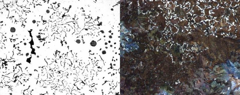 Bild 2: Gefügestruktur des Versuchswerkstoffs GJV-450: links vermikulare Graphitausscheidungen sind unregelmäßig verteilt, rechts das Gefüge besteht zu 94,5% aus einer perlitischen Matrix. (Archiv: Vogel Business Media)