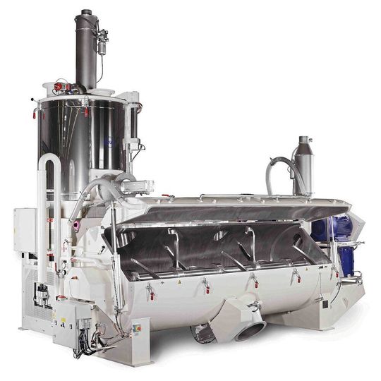 Eine für die Herstellung von Naturfaser-Compounds optimierte Kombination eines MTI Flexline-Heiz-/Kühlmischers mit einem Venttec-2.0-Aspirationssystem. (Bild:  MTI Mischtechnik)
