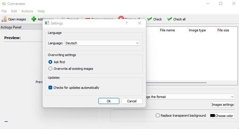 In den Einstellungen kann Converseen angepasst werden. Hier ist es möglich, die Sprache zu ändern.  (Bild: Joos (Screenshot))