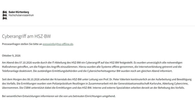 Das Hochschulzentrum Baden-Württemberg informiert auf seiner Webseite über den Cyberangriff vom 7. Oktober 2026.(Bild:  Vogel IT-Medien GmbH)