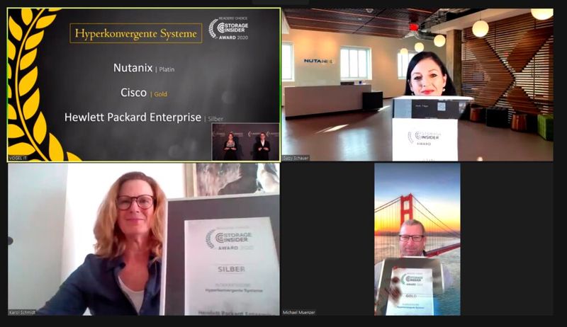 In der Kategorie „Hyperkonvergente Systeme“ haben gewonnen: Nutanix (Platin, vertreten durch Gaby Schauer, o.r.), Cisco (Gold, vertreten durch Michael Münzer, u.r.) und Hewlett Packard Enterprise (Silber, vertreten durch Karol Ann Schmidt, u.l.). (Bild: Vogel IT-Medien)