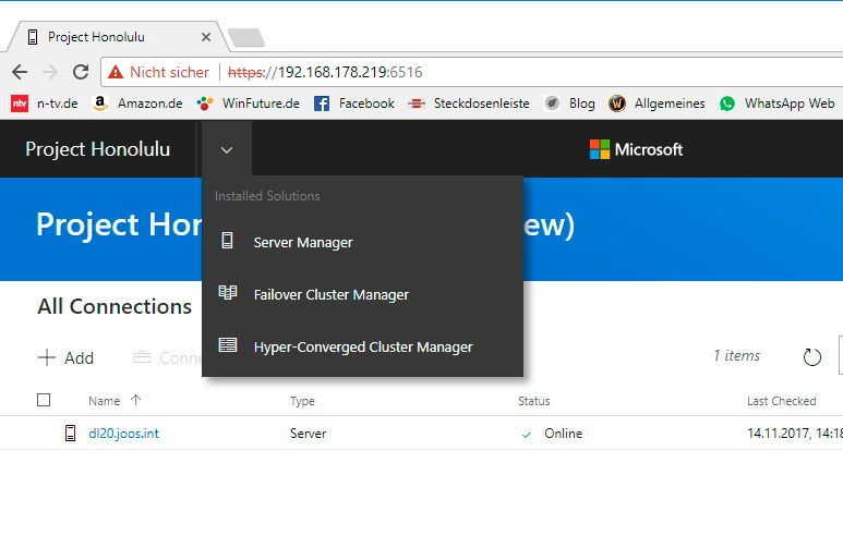 Im oberen Bereich kann zwischen dem Server-Manager und der webbasierten Cluster-Verwaltung umgeschaltet werden. (Joos / Microsoft)