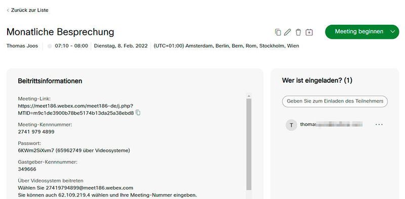 Zusammenfassung eines erstellten Meetings mit den notwendigen Informationen.  (Joos)
