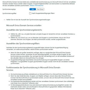 Die Konfigurationsseite zur Synchronisierung von Microsoft Entra Domain Services definiert den Synchronisierungsbereich, optionale Filter nach Gruppenberechtigungen und die unidirektionale Replikation aus Entra ID.(Bild:  Thomas Joos)
