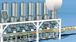 Der Componenter Step besteht aus zwei Ebenen. Auf der oberen Ebene werden die Komponenten in Vorratsbehältern bereitgestellt. Die Rohstoffe können vor dem Befüllen über einen Barcode identifiziert werden und den entsprechenden Behältern zugeordnet werden. (Bild: Azo)