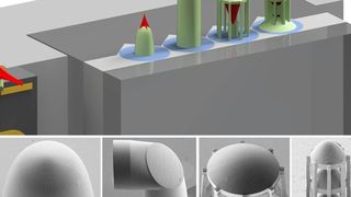 Mikrolinsen und Mikrospiegel lassen sich mit 3D-Nanodruck auf optischen Fasern und Mikrochips herstellen. Dies vereinfacht den Aufbau photonischer Systeme drastisch. (Philipp-Immanuel Dietrich / Florian Rupp / Paul Abaffy, KIT)