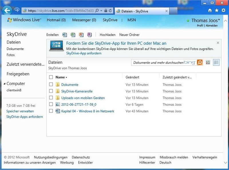 Unterwegs stehen mit SkyDrive synchronisierte Daten auch über die SkyDrive-Webseite zur Verfügung. Durch die integrierten Office Web Apps, lassen sich sogar Dateien über Webbrowser von unterwegs bearbeiten. (Archiv: Vogel Business Media)