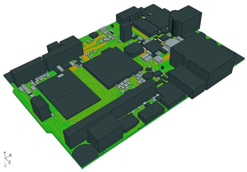 Bild 4:  In 6SigmaET über ODB++  importierte Platine mit allen Komponenten, Vias und Lagen. (Alpha-Numerics)