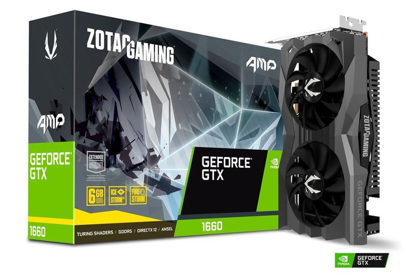 Die Zotac Gaming GeForce GTX 1660 AMP! Edition läuft mit einem Boost-Takt von 1.845 MHz. Der Hersteller verwendet für die 21 cm lange Karte zwei 90-mm-Lüfter.  (Zotac)