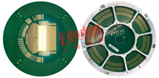 Probe Cards, wie sie Edadoc herstellt, gehören zu den besonders komplexen Leiterplatten im Halbleitertest. Das gezeigte ATE-Board ist für den Wafer-Test ausgelegt.(Bild:  Edadoc)